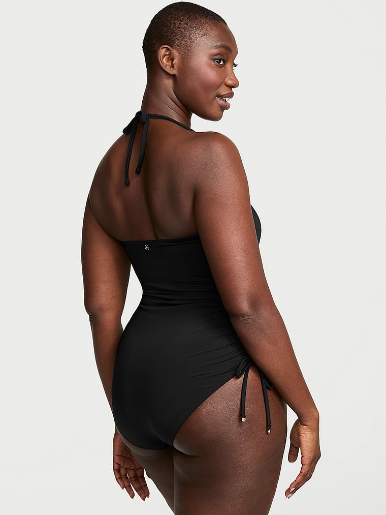 Victoria's Secret, Victoria's Secret Swim Essential Strapless Ruched One-Piece Swimsuit, Pure Black, onModelBack, 2 of 3 Arame is 5'11" and wears Medium