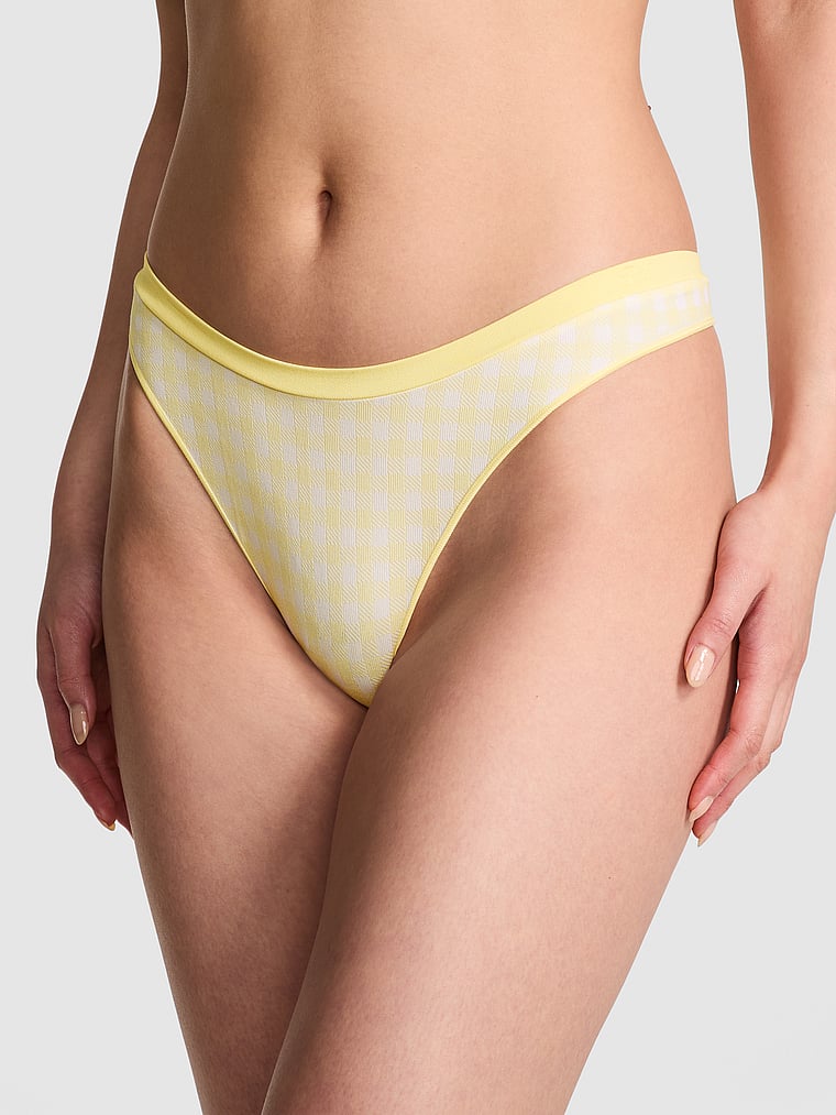 PINK Seamless High-Leg Thong Panty, Mellow Yellow Gingham Print, onModelFront, 1 of 3 Gloria is 5'9" and wears Small