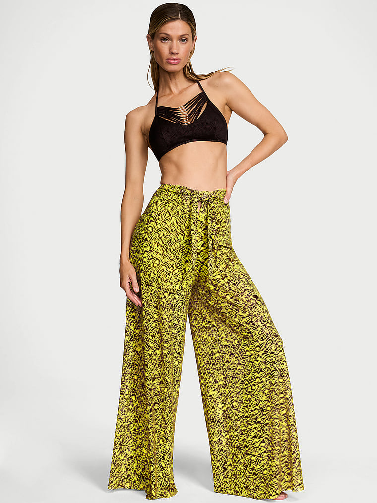 Victoria's Secret, Victoria's Secret Swim Beachwear Mesh Tie-Front Cover-Up Pants, Limelight Dots, onModelFront, 1 of 3 Maggie is 5'7" and wears Small