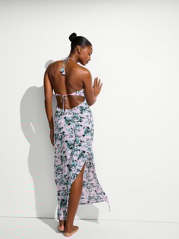 Victoria's Secret, Victoria's Secret Swim Beachwear Halter Maxi Dress, Blue Floral, onModelSide, 2 of 4 Tsheca is 5'9" and wears 34B or Small