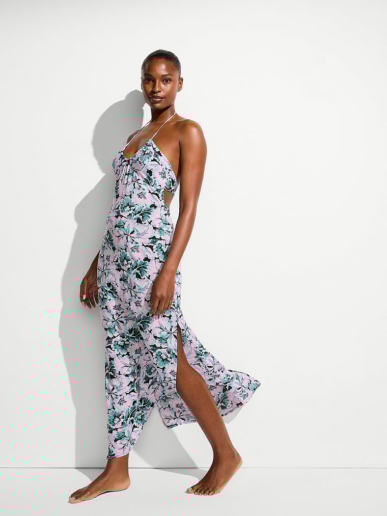 Victoria's Secret, Victoria's Secret Swim Beachwear Halter Maxi Dress, Blue Floral, onModelFront, 1 of 4 Tsheca is 5'9" and wears 34B or Small
