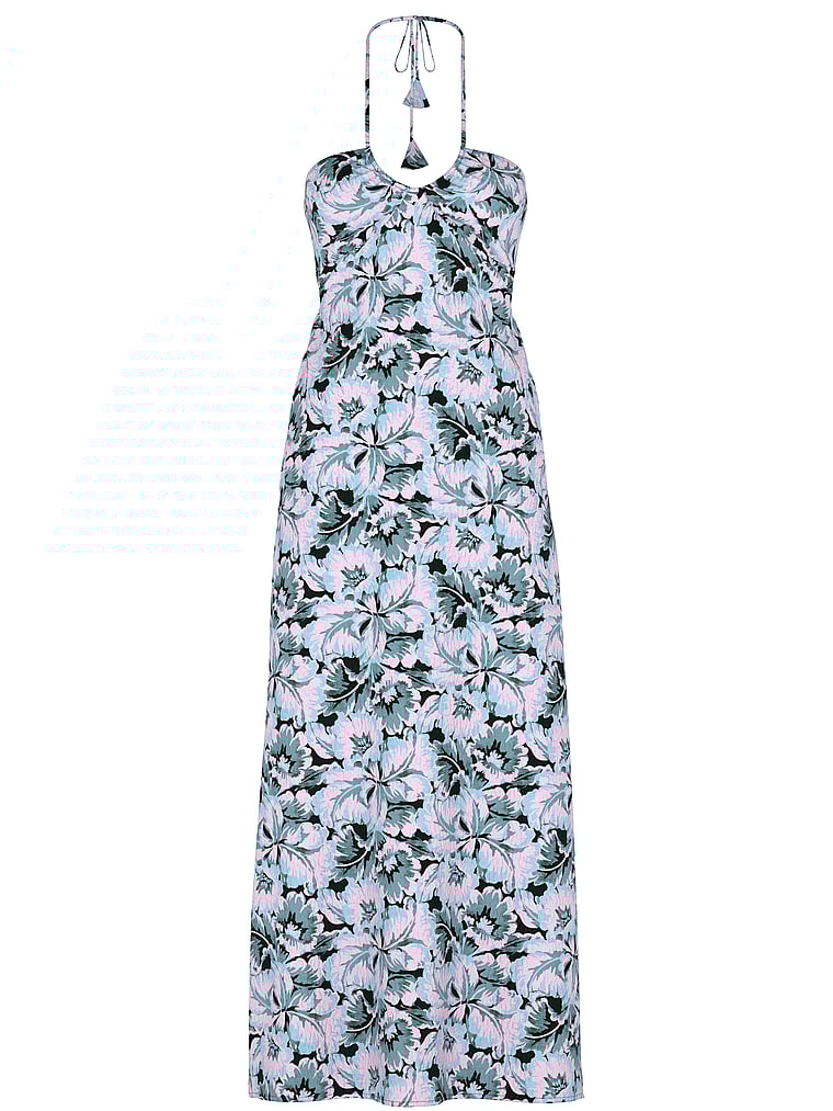 Victoria's Secret, Victoria's Secret Swim Beachwear Halter Maxi Dress, Blue Floral, offModelFront, 3 of 4