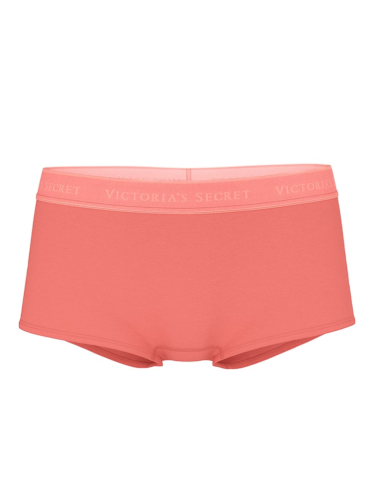 Victoria's Secret, Cotton Logo Cotton Boyshort Panty, Coral Ribbon, offModelFront, 3 of 3