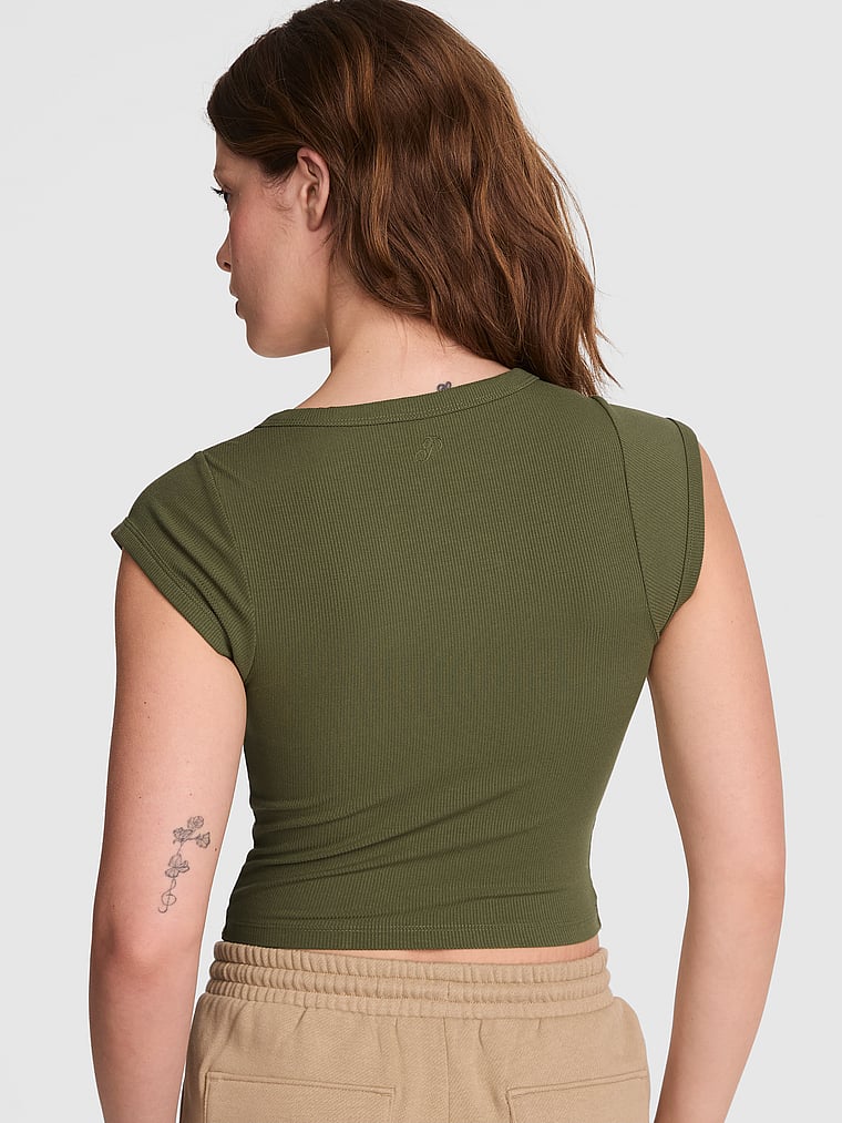 PINK All-Day Soft Rib Lace-Up Top, Olive Shade, onModelBack, 1 of 4 Taylor is 5'8" and wears Small