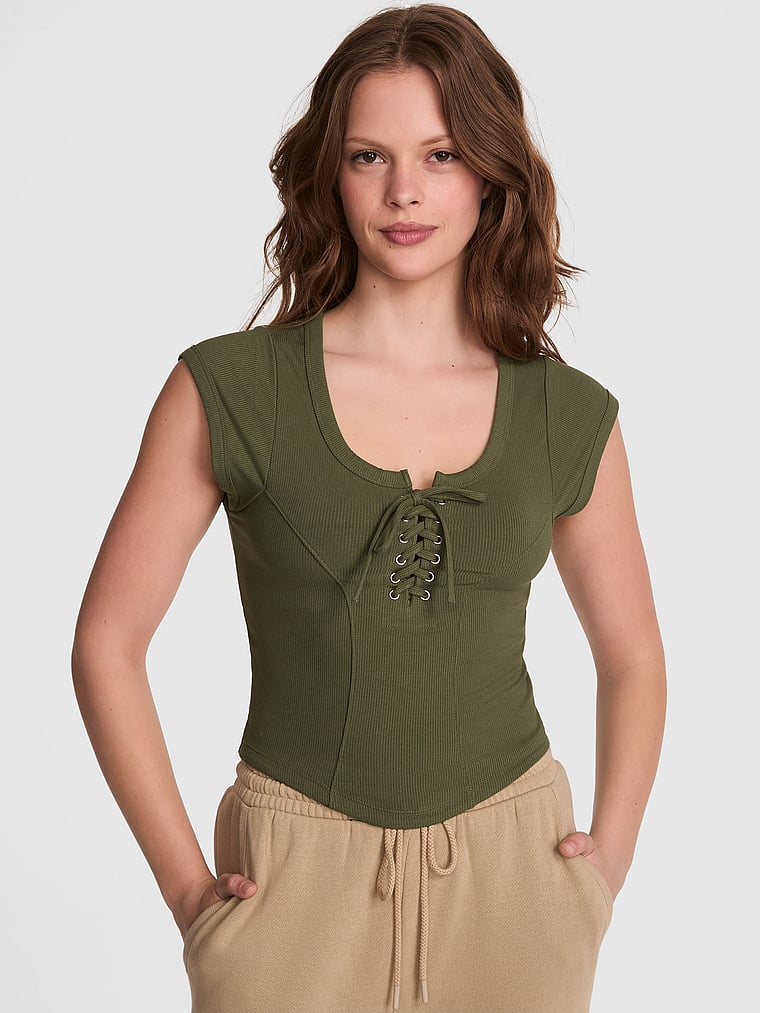 PINK All-Day Soft Rib Lace-Up Top, Olive Shade, onModelSide, 2 of 4 Taylor is 5'8" and wears Small