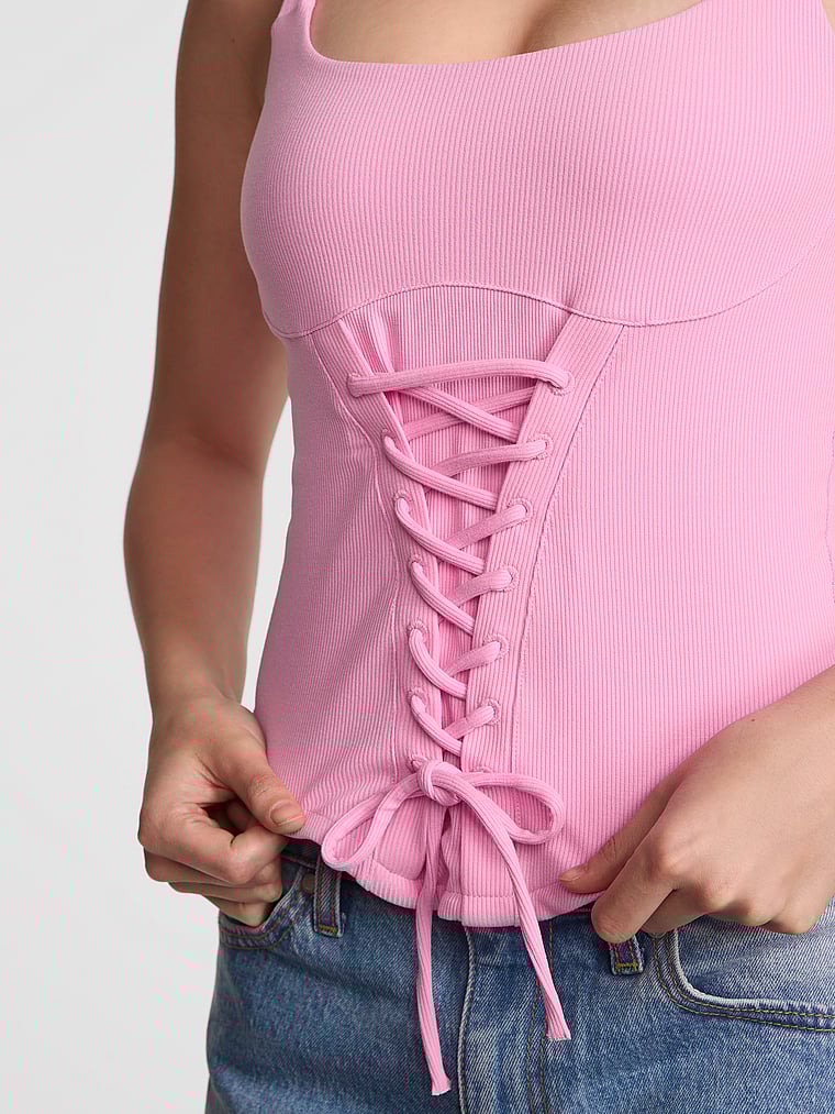 PINK All-Day Soft Rib Lace-Up Corset Top, Pink Lollipop, detail, 3 of 5 Taylor is 5'8" or 173cm and wears Small