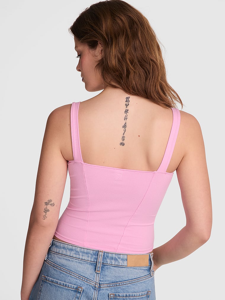 PINK All-Day Soft Rib Lace-Up Corset Top, Pink Lollipop, onModelBack, 2 of 5 Taylor is 5'8" or 173cm and wears Small