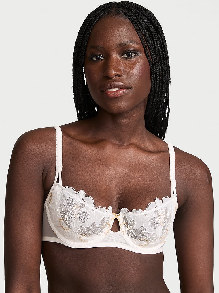 Victoria's Secret, Dream Angels Wicked Peony Embroidery Unlined Balconette Bra, White Peonies, onModelFront, 1 of 4