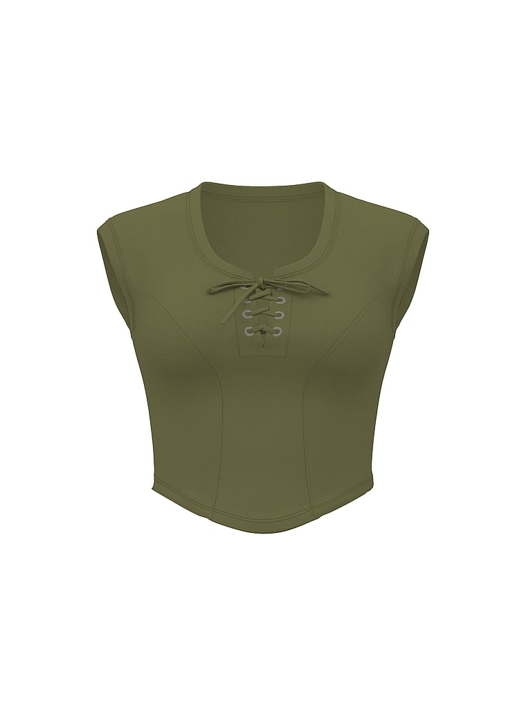 PINK All-Day Soft Rib Lace-Up Top, Olive Shade, offModelFront, 4 of 4