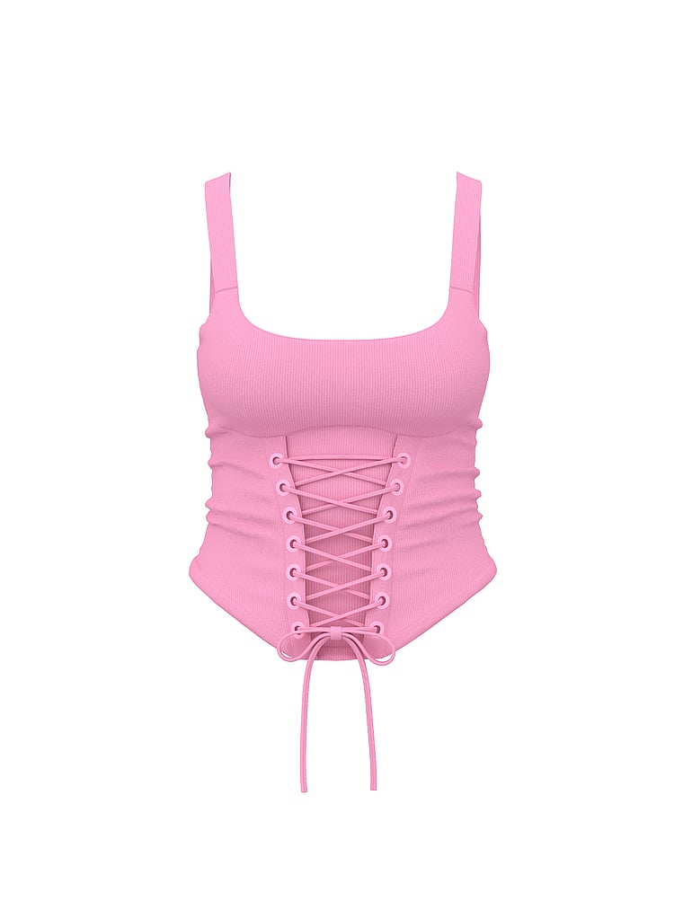 PINK All-Day Soft Rib Lace-Up Corset Top, Pink Lollipop, offModelFront, 5 of 5