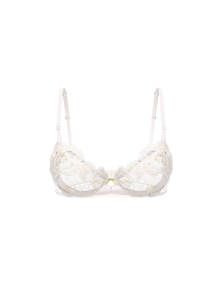 Victoria's Secret, Dream Angels Wicked Peony Embroidery Unlined Balconette Bra, White Peonies, offModelFront, 3 of 4