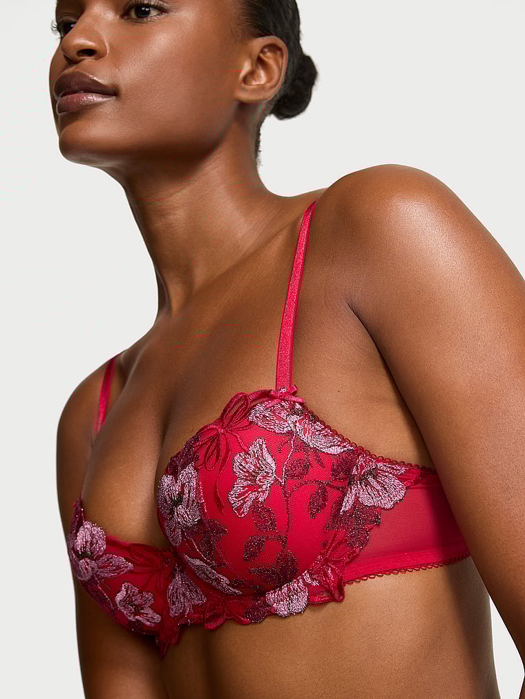 Victoria's Secret, Dream Angels Beautiful Bows Embroidery Lightly Lined Demi Bra, Beautiful Bows Red, detail, 3 of 4 Tsheca is 5'9" or 175cm and wears 34B or Small