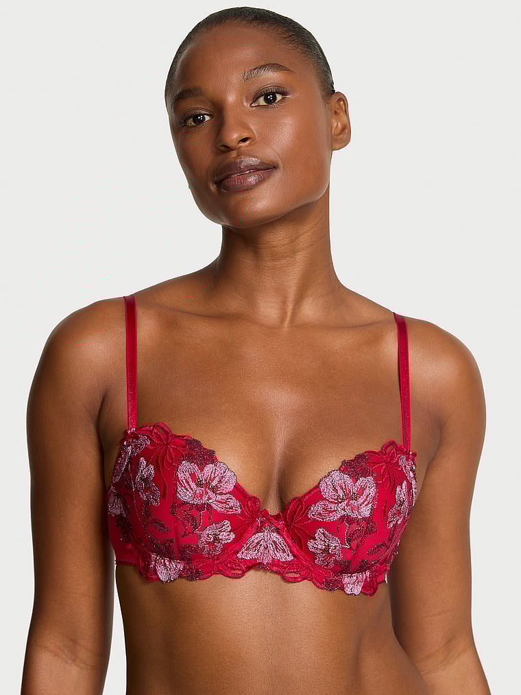Victoria's Secret, Dream Angels Beautiful Bows Embroidery Lightly Lined Demi Bra, Beautiful Bows Red, onModelFront, 1 of 4 Tsheca is 5'9" or 175cm and wears 34B or Small