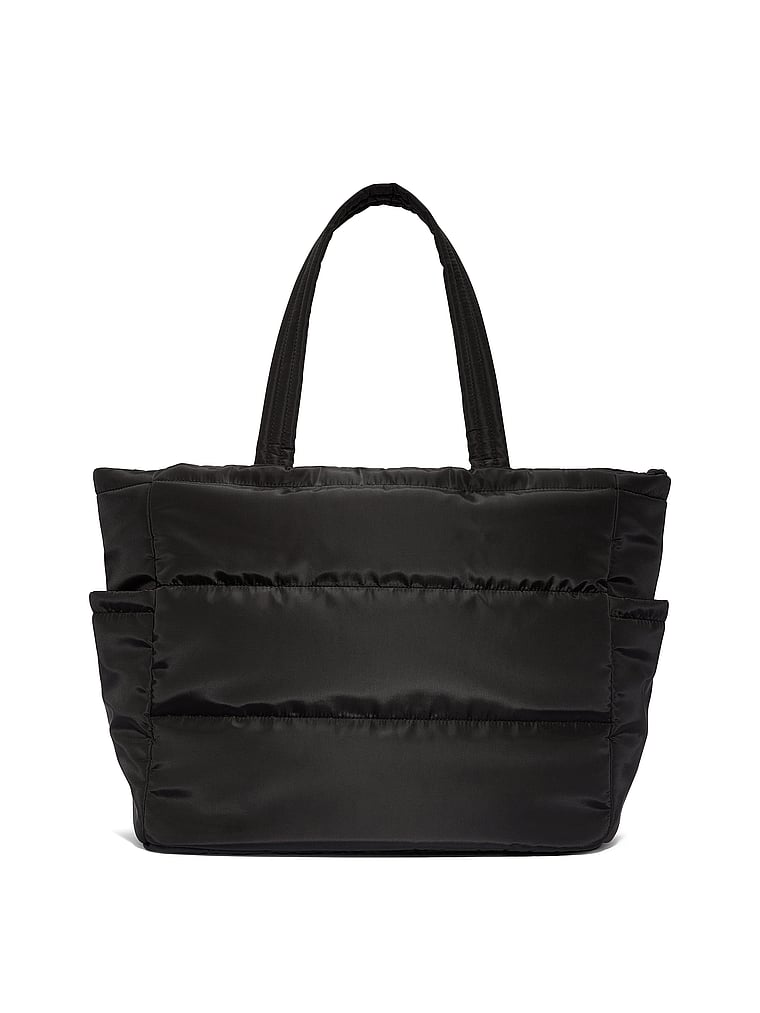 PINK Quilted Puffer Tote Bag, Black Quilted Puffer, onModelBack, 3 of 4