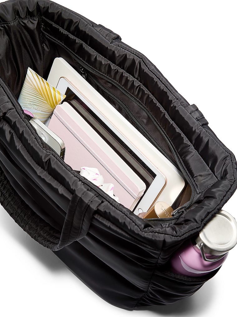 PINK Quilted Puffer Tote Bag, Black Quilted Puffer, offModelBack, 4 of 4