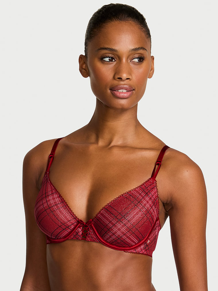 Victoria's Secret, Victoria's Secret Sexy Tee Shimmer Mesh Lace-Up Unlined Demi Bra, Red Lacquer Plaid, onModelFront, 1 of 3
