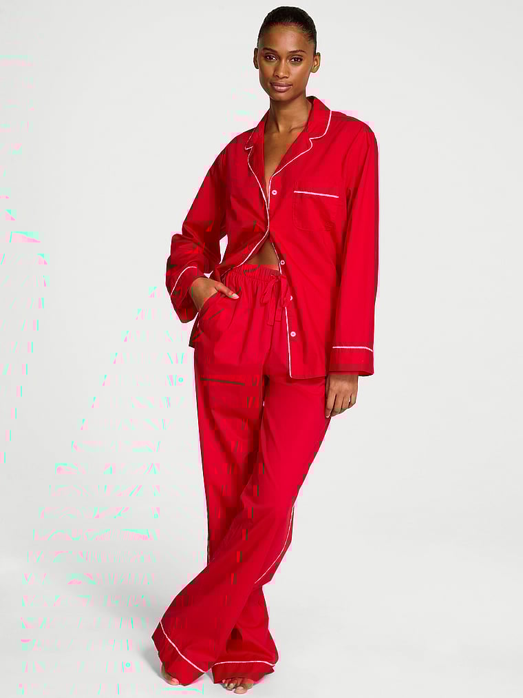 Victoria's Secret, Victoria's Secret Heritage Cotton Long Pajama Set, Lipstick, onModelFront, 1 of 3