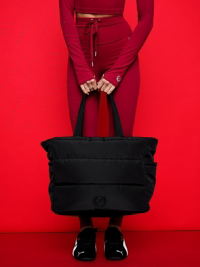 PINK Quilted Puffer Tote Bag, Black Quilted Puffer, onModelSide, 1 of 4