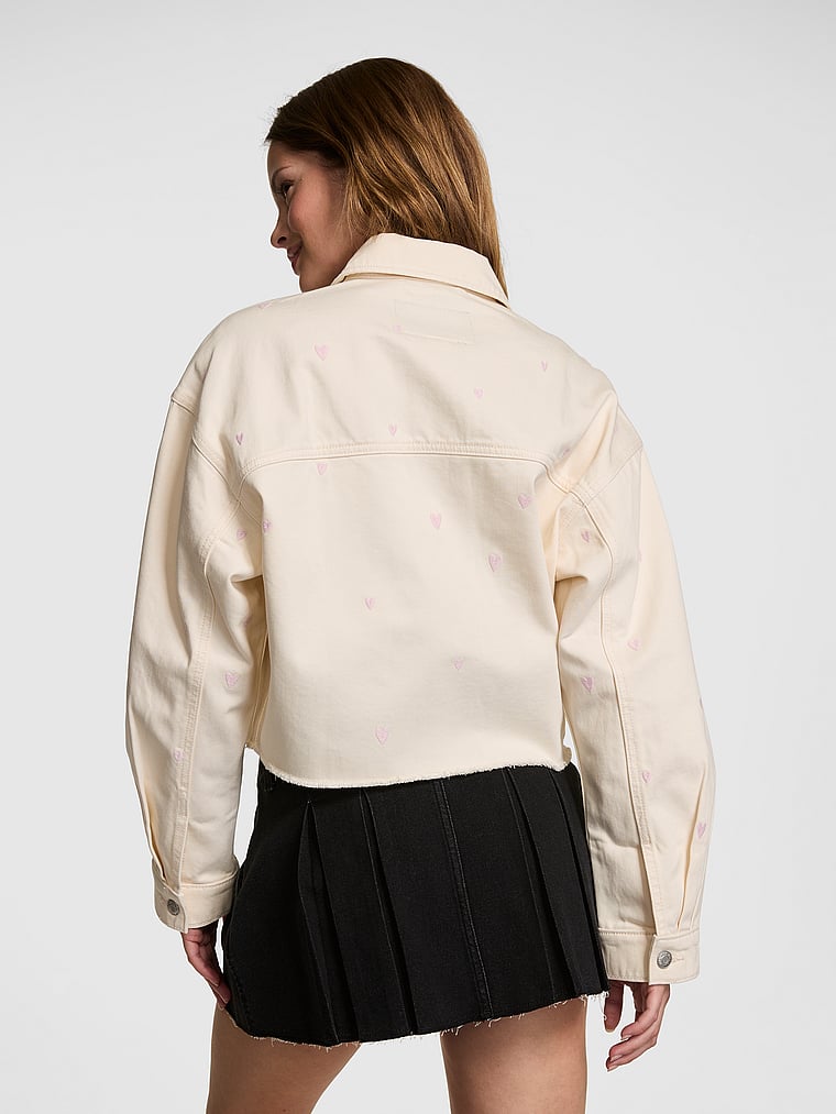 PINK Denim by PINK Cutoff Shacket, Winter White Hearts, onModelBack, 1 of 3
