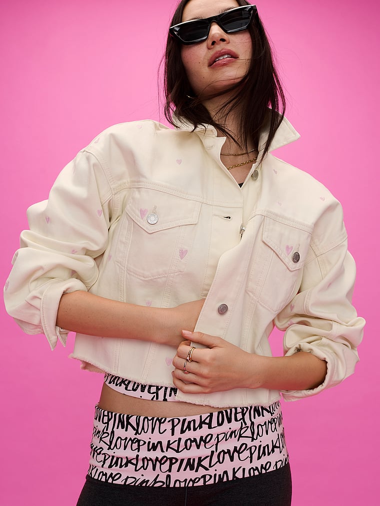 PINK Denim by PINK Cutoff Shacket, Winter White Hearts, onModelFront, 3 of 3