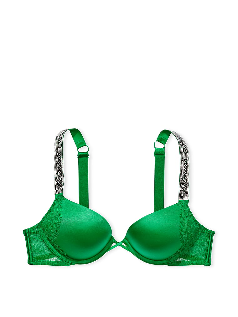 Victoria's Secret Shine Strap Bombshell Smooth Push Up Bra Thong Set Green  