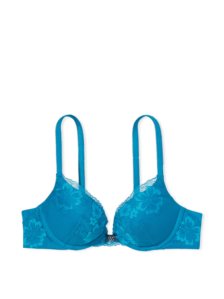 Womens PRETTY BLUE LACE PUSH-UP BRA Deep Plunge WIDE CHEST BAND Underwire  34B