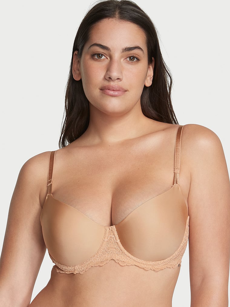 Victoria's Secret, Dream Angels Wicked Unlined Smooth & Lace Balconette Bra, Praline, onModelFront, 1 of 3 Lorena is 5'9" and wears 34DD (E) or Large