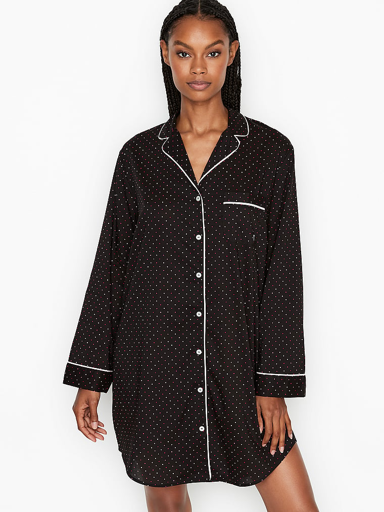 Victoria's Secret, Victoria's Secret Cotton Piped Sleepshirt, Black/Orchid Mini Dot, onModelFront, 1 of 3