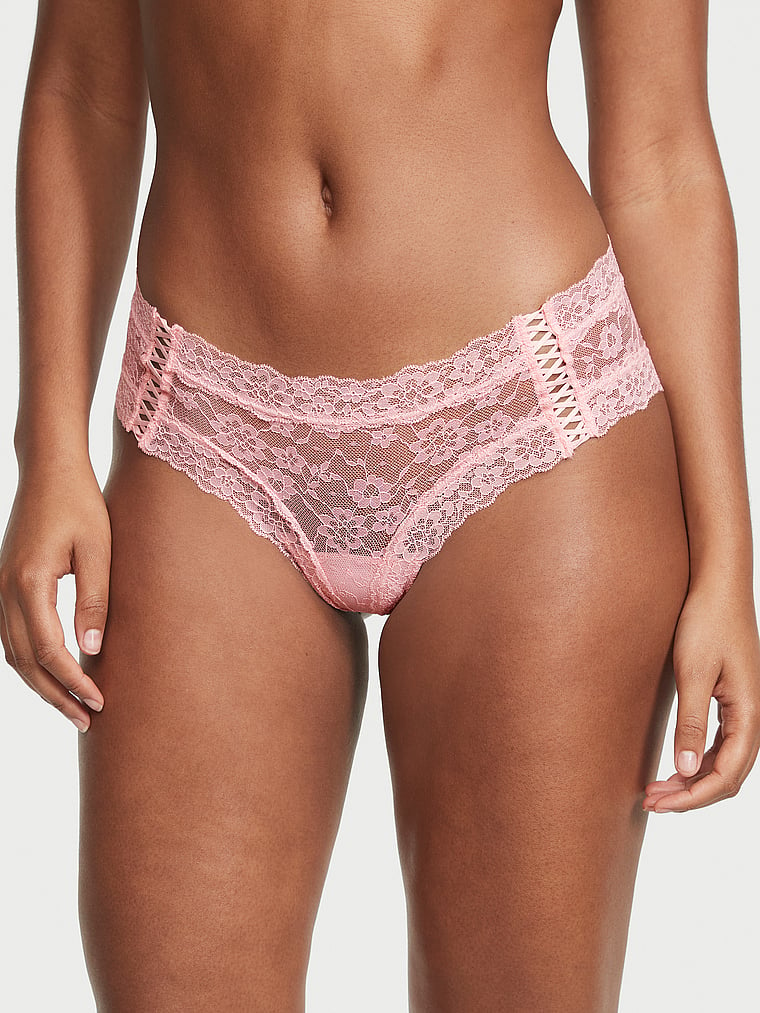 VICTORIA'S SECRET PINK LACE TRIMMED LIPSTICK PRINT CHEEKY PANTY SHIPS  QUICK!! 