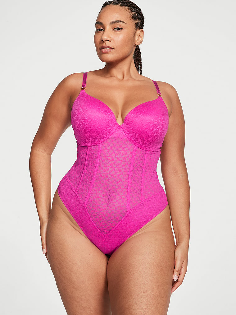 Lace Push-up Teddy - Shocking Pink