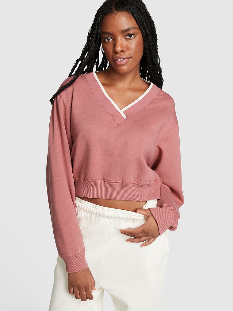 PINK Premium Fleece V-Neck Pullover, Soft Begonia, onModelFront, 1 of 4 Julia is 5'11" and wears Small