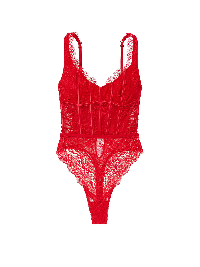 Victoria's Secret Luxe Lingerie Red Satin Lace Up Corset Thong Set