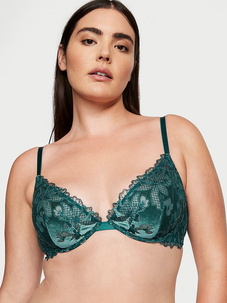 [36C] Victoria's Secret BODY BY VICTORIA Unlined Lace Demi Bra - Deepest  Green Shimmer