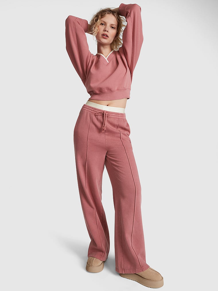 PINK Premium Fleece V-Neck Pullover, Soft Begonia, onModelSide, 4 of 4 Anabel is 5'8" and wears Small