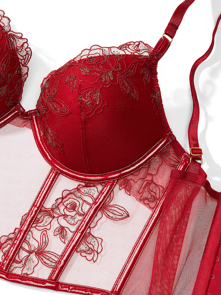 Victoria's Secret 34C BRA SET bustier corset+M bralette+M thong embroidered  PINK