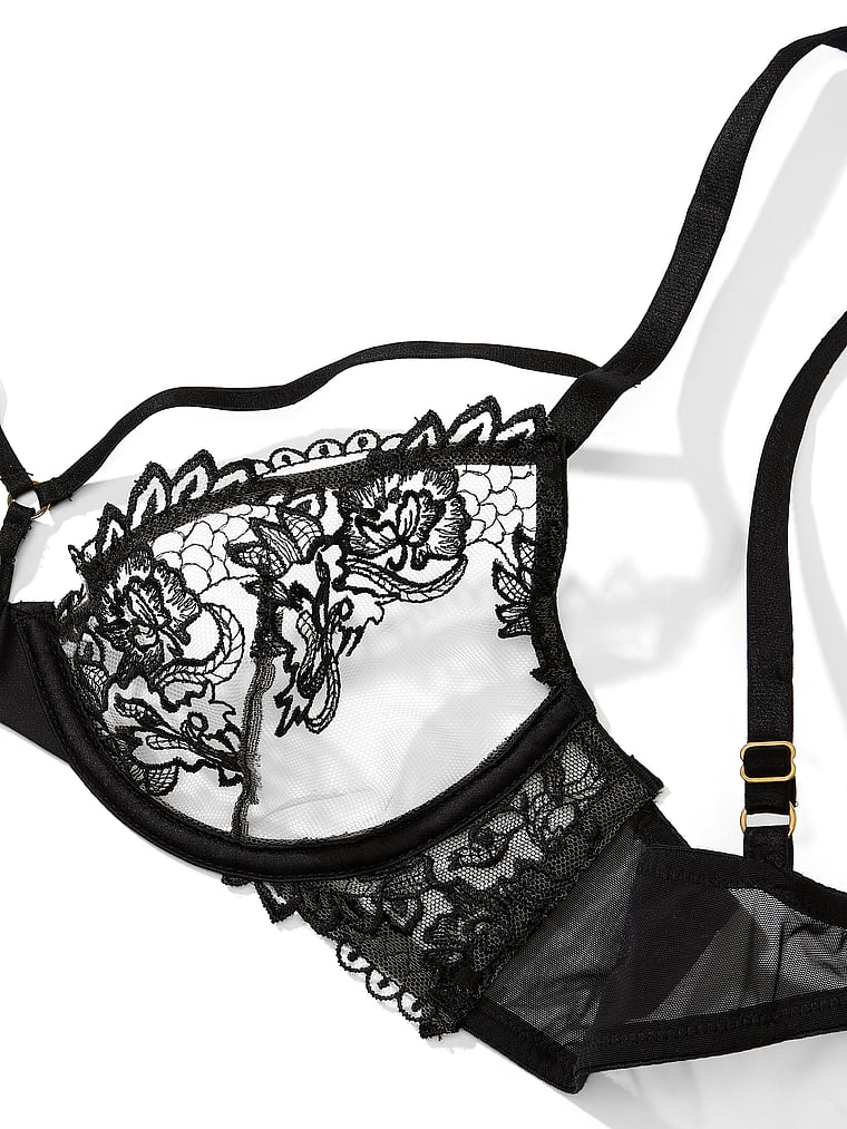 Victoria's Secret 34B BRA SET+garter+panty/thong lot+BABYDOLL BLACK strappy  lace