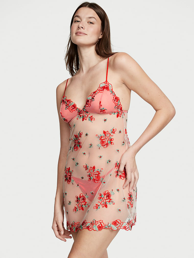 Victoria's Secret, Victoria's Secret new Floral Embroidery Sheer Mesh Slip, Evening Blush, onModelFront, 1 of 3 Mackenzie is 5'10" and wears Small