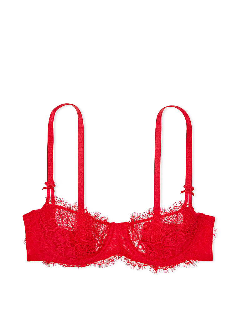 Victoria's Secret, Dream Angels Wicked Unlined Lace Ribbon-Slot Balconette Bra, Lipstick, offModelFront, 1 of 1