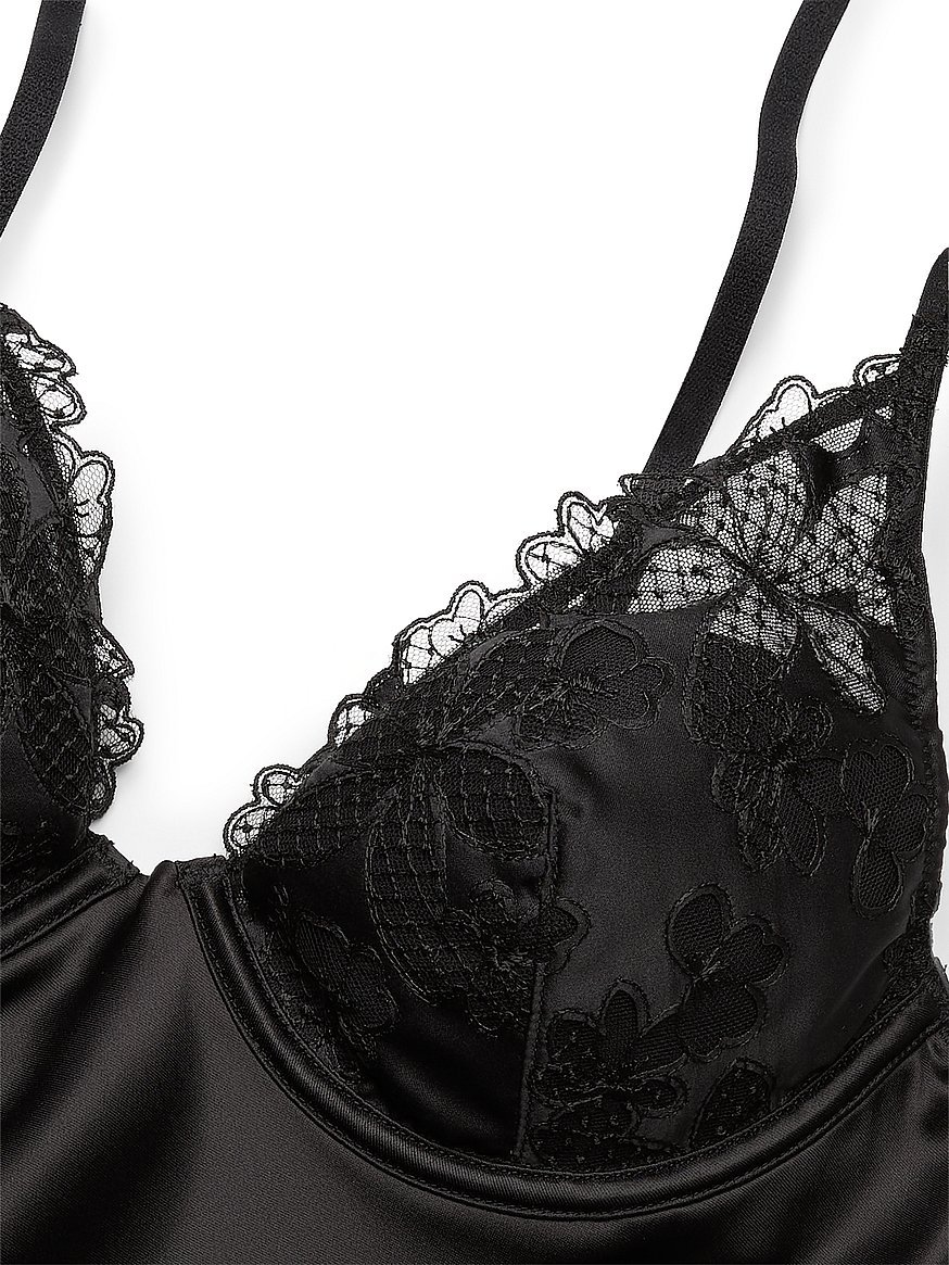 Black flower-embroidered classic underwire sheer bra