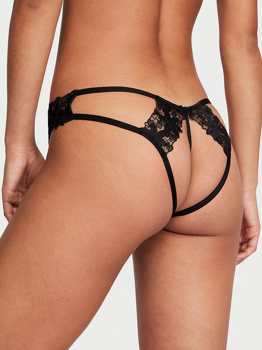 8017 Black Lace Open Crotch Bra Panty Set Lingerie Thong G-String