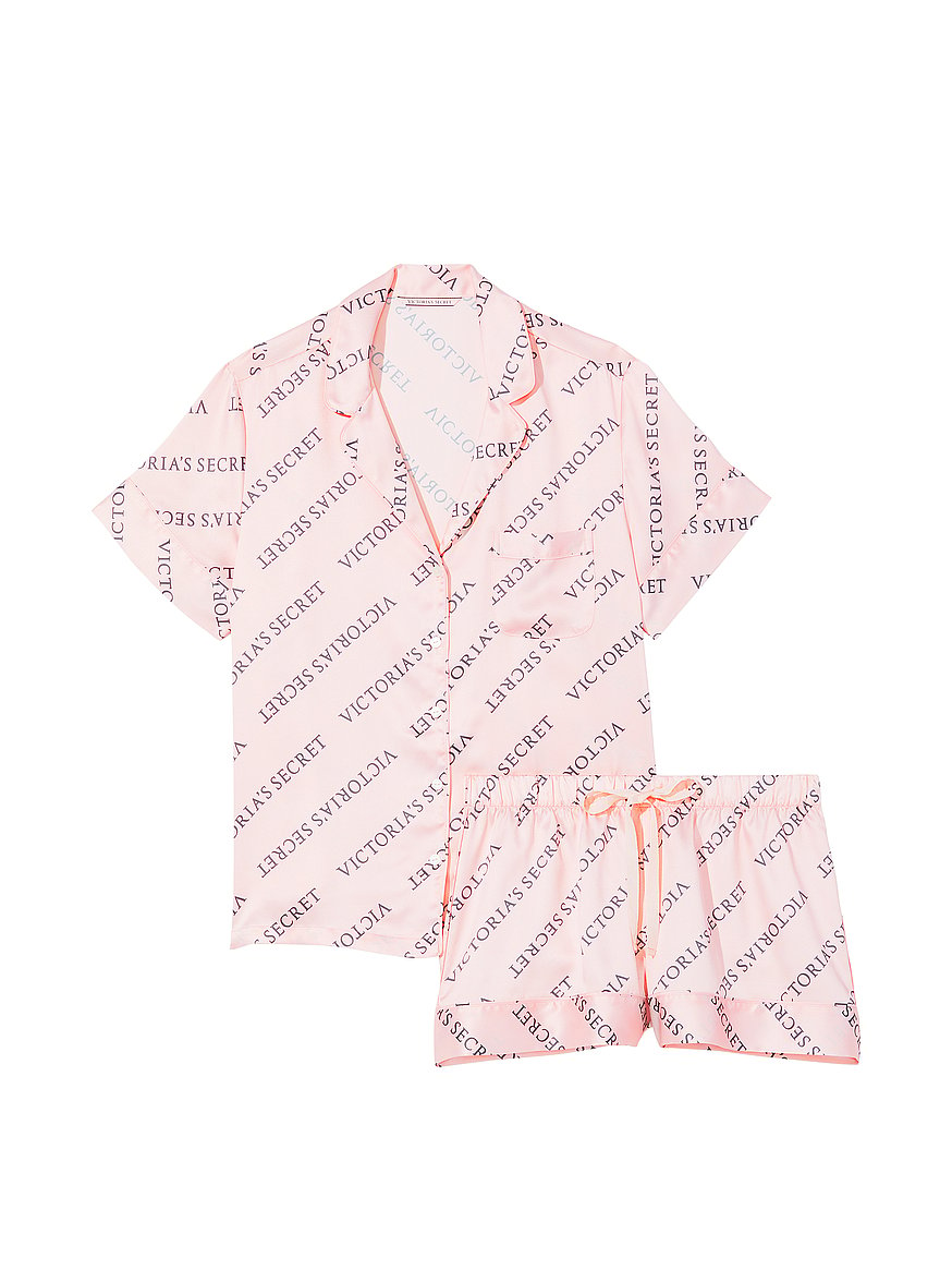 $90 Victoria Secret Satin Afterhours Pajama PJ Set PINK ICONIC STRIPE S M L  XL