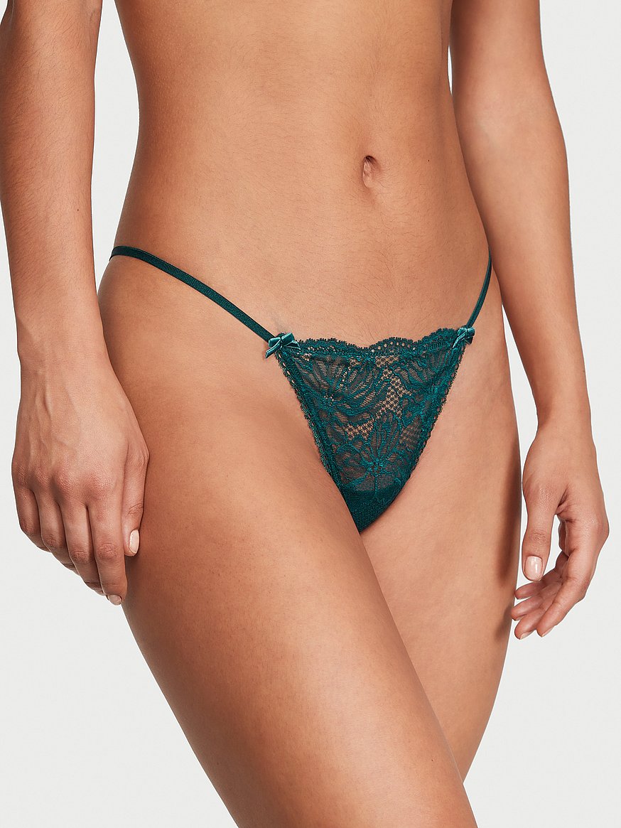 Victoria's Secret Black Ivy Green Lace G String Knickers