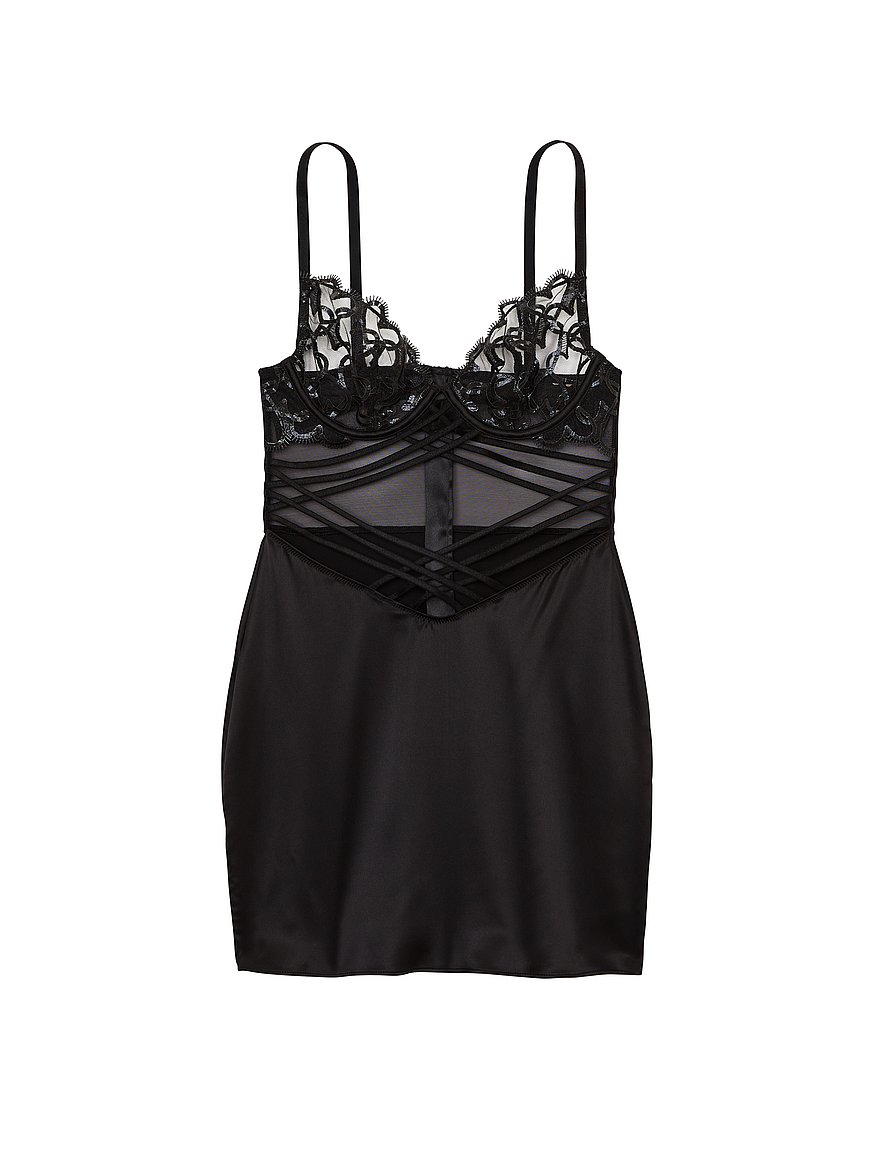 Shimmer Heart Embroidery Strappy Satin Slip