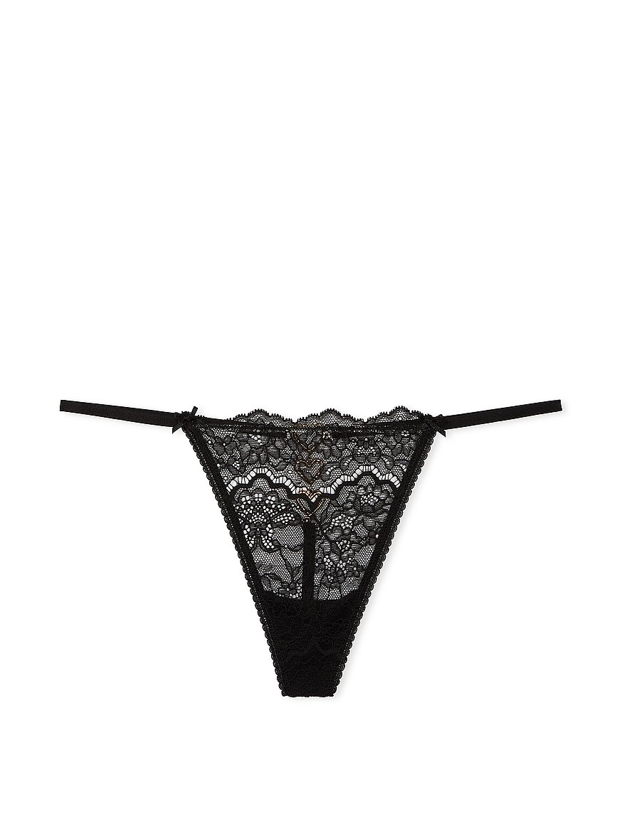 Victoria's Secret Very Sexy Shine V-String Black Lace Gold Charms Thong  Panty Size X-Small NWT 
