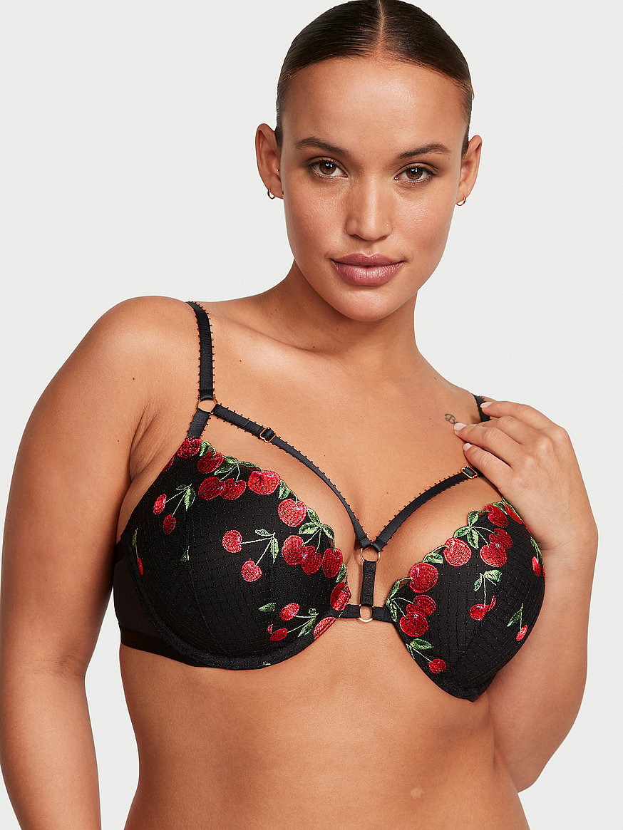 Floral Lace Embroidery Push Up Bra Black