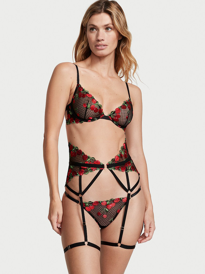 Cherry Embroidered Underwire Bow Lingerie Set