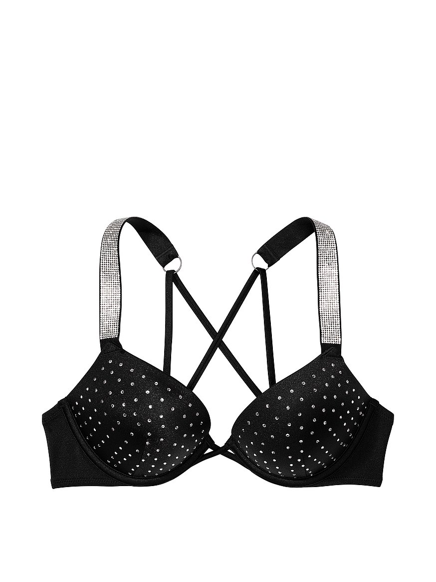 Victoria's Secret Shine Strap Logo Bombshell Add 2 cups Bikini Swim Top  Black Size 36B NWT 