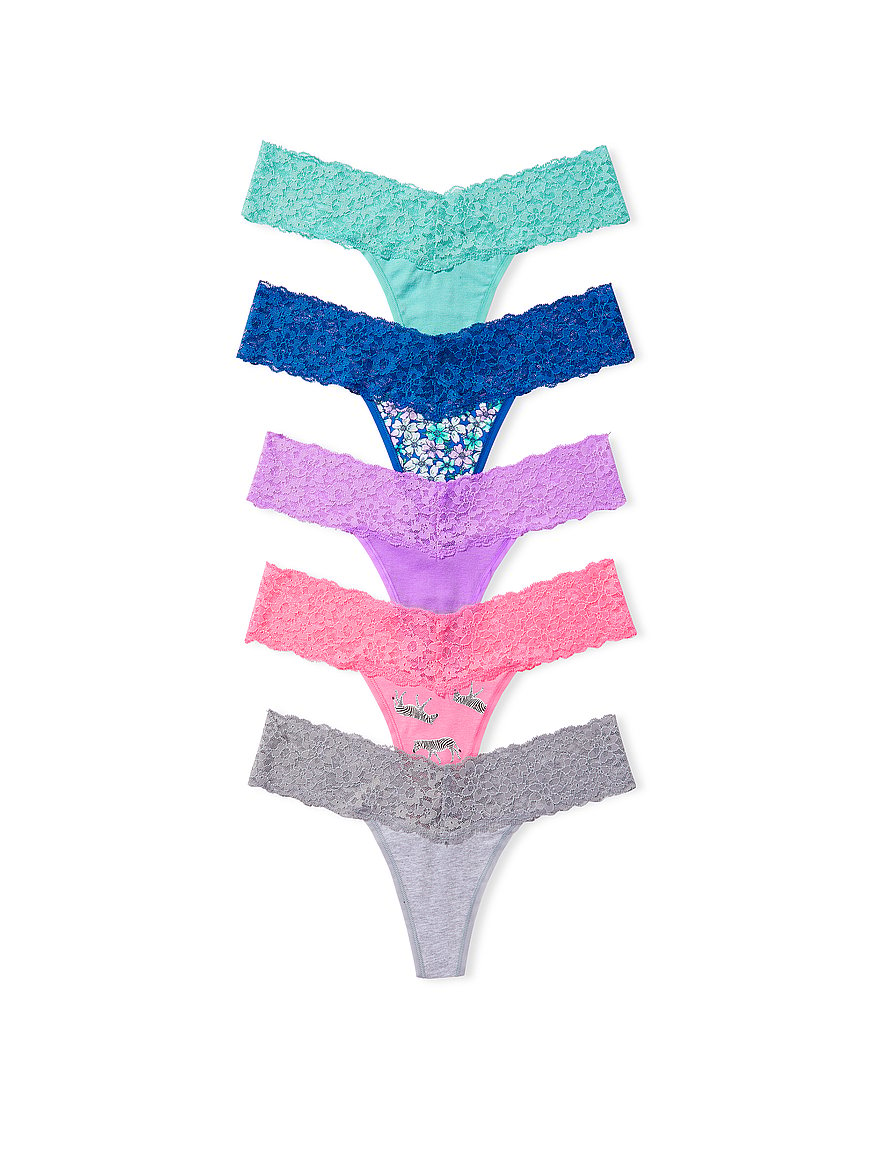 5-pack lace-trimmed cotton thong briefs - Blue/Cream/White
