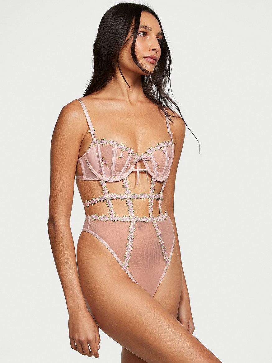 Victoria's Secret M CROTCHLESS TEDDY bodysuit one-piece PINK lace SHINE  STRAP