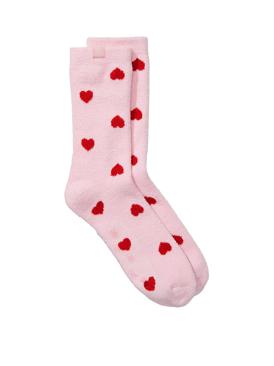 Plush Fleece Rolled Ankle Socks White Heart Print Pink